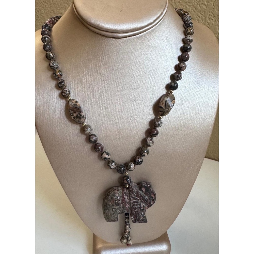 Leopard Skin Jasper Carved Elephant Pendant Beaded Necklace Hand Knotted 32 Inch